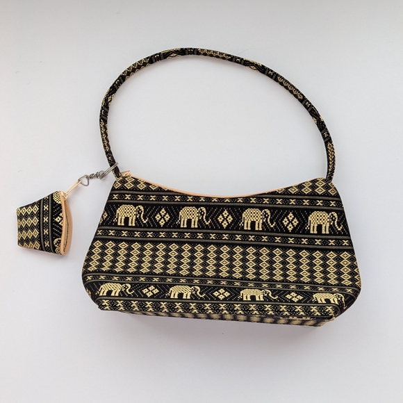 Elegant Black & Gold Elephant & Diamond Patternex Hard Shell Bag/Purse - Picture 1 of 11